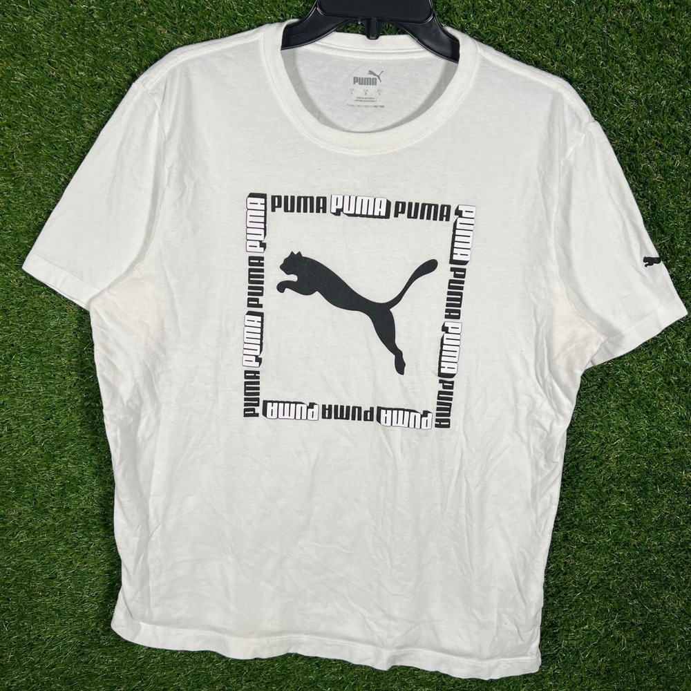 Puma Logo Graphic T Shirt White Short Sleeve Crew Neck Athletic Men's Size L